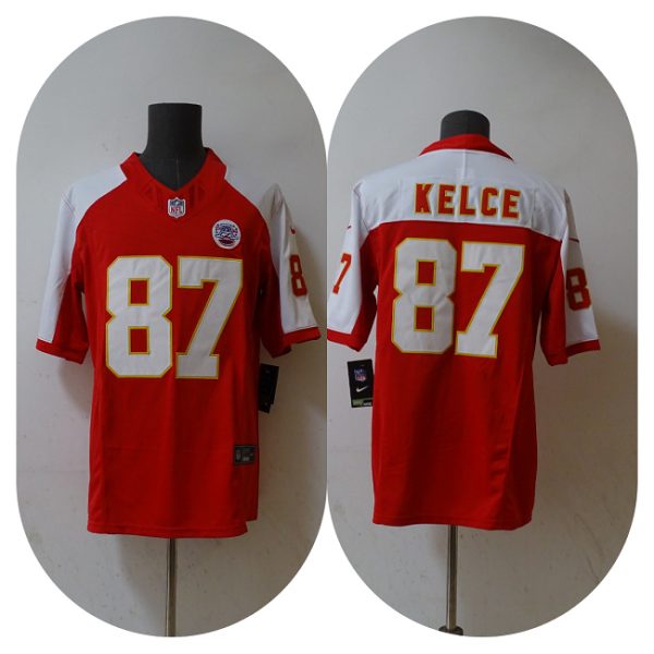 Men’s Kansas City Chiefs #87 Travis Kelce Red White 2023 F.U.S.E. Vapor Untouchable Limited Stitched Jersey  - Custom Name