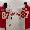 Men's Kansas City Chiefs #87 Travis Kelce Red & White Split 2025 Super Bowl LIX Patch Vapor Limited Stitched Football Jersey  - Custom Name