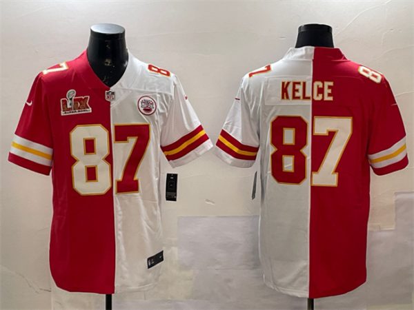 Men's Kansas City Chiefs #87 Travis Kelce Red & White Split 2025 Super Bowl LIX Patch Vapor Limited Stitched Football Jersey  - Custom Name