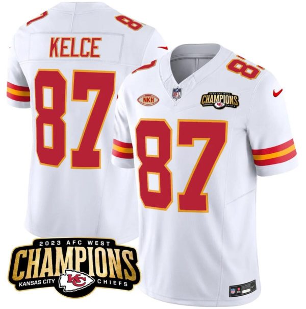 Men’s Kansas City Chiefs #87 Travis Kelce White 2023 F.U.S.E. AFC West Champions With Patch Vapor Untouchable Limited Stitched Jersey  - Custom Name