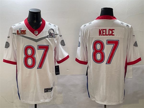 Men's Kansas City Chiefs #87 Travis Kelce White 2025 Super Bowl LIX Patch Pro Bowl Vapor Limited Stitched Football Jersey  - Custom Name