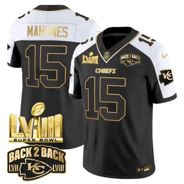 Men's Kansas City Chiefs ACTIVE PLAYER Custom Black White 2024 F.U.S.E Super Bowl LVIII Patch With Back 2 Back Gold Patch Vapor Untouchable Limited Stitched Football Jersey - Custom Name