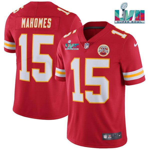 Men’s Kansas City Chiefs V15 Patrick Mahomes Red Super Bowl LVII Patch Vapor Untouchable Limited Stitched Jersey  - Custom Name