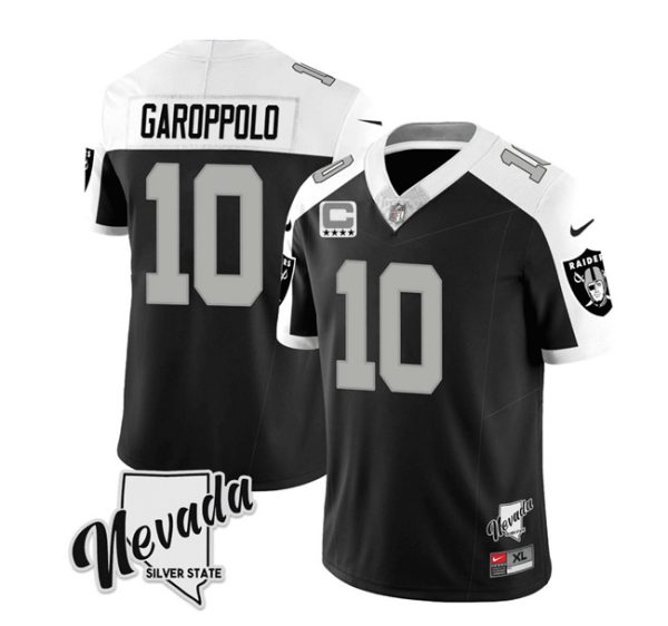 Men's Las Vegas Raiders #10 Jimmy Garoppolo Black White 2023 F.U.S.E Nevada Silver Stat With 4-Star C patch Stitched Football Jersey  - Custom Name