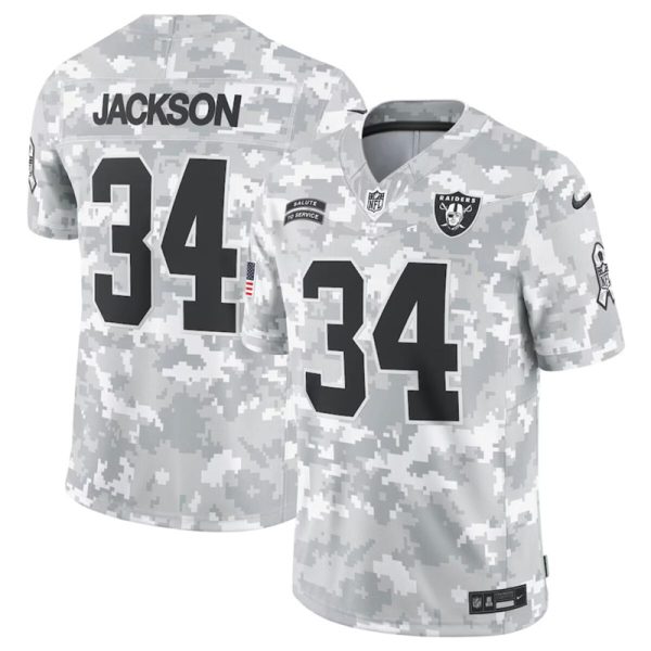 Men's Las Vegas Raiders #34 Bo Jackson 2024 F.U.S.E Arctic Camo Salute to Service Limited Stitched Football Jersey - Custom Name