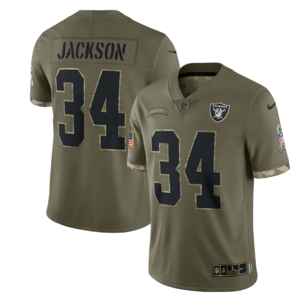 Men's Las Vegas Raiders #34 Bo Jackson Olive 2022 Salute To Service Limited Stitched Jersey - Custom Name
