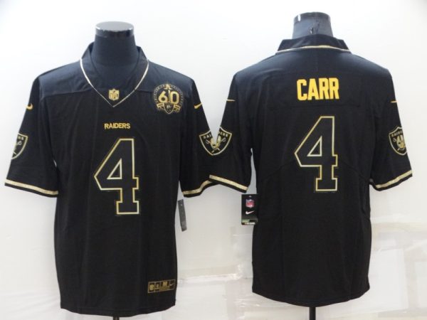 Men's Las Vegas Raiders #4 Derek Carr Black Gold With 60th Anniversary Patch Vapor Limited Stitched Jersey - Custom Name