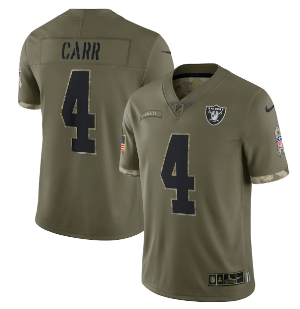 Men's Las Vegas Raiders #4 Derek Carr Olive 2022 Salute To Service Limited Stitched Jersey - Custom Name