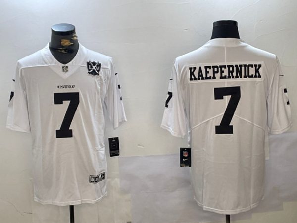 Men's Las Vegas Raiders #7 Colin Kaepernick White With 65th Anniversary Patch Vapor Limited Stitched Football Jersey - Custom Name