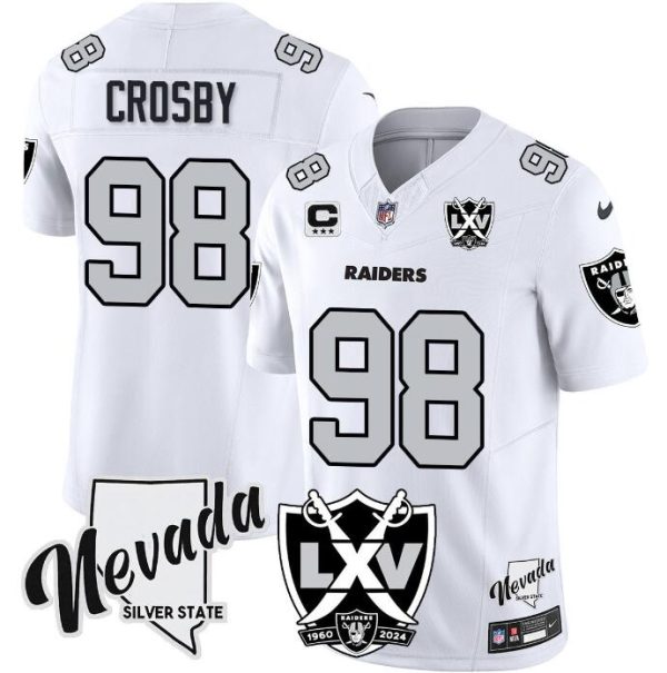Men's Las Vegas Raiders #98 Maxx Crosby White 2024 F.U.S.E With Nevada Silver Stat Patch And 65th Anniversary Patch 3-Star C Patch Stitched Football Jersey - Custom Name