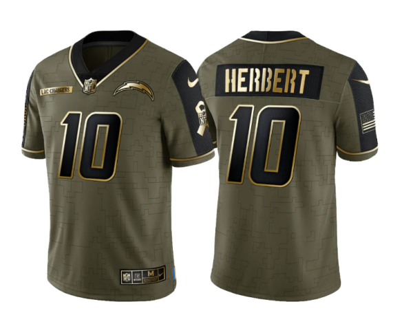 Men's Los Angeles Chargers #10 Justin Herbert 2021 Olive Golden Salute To Service Limited Stitched Jersey - Custom Name