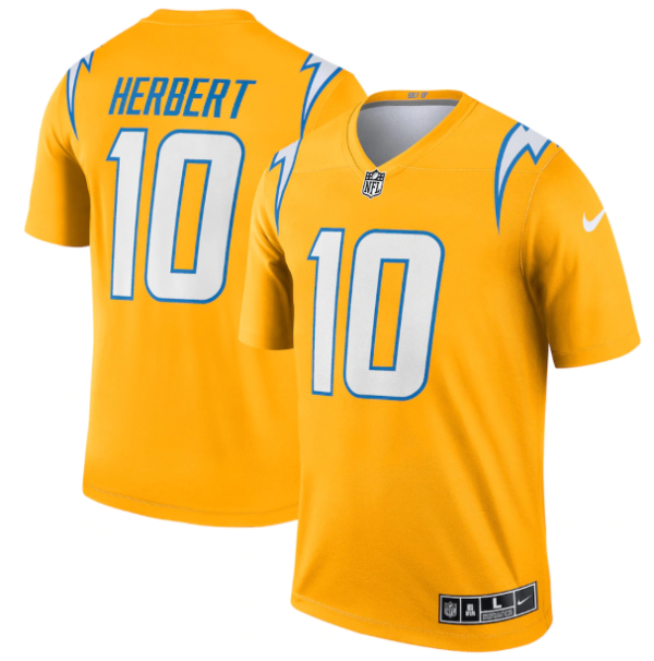Men's Los Angeles Chargers #10 Justin Herbert Gold Inverted Legend Stitched Football Jersey - Custom Name