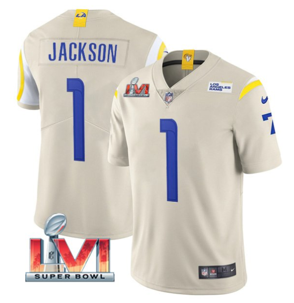 Men's Los Angeles Rams #1 DeSean Jackson 2022 Bone Super Bowl LVI Vapor Limited Stitched Jersey - Custom Name