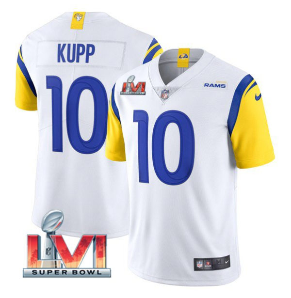Men's Los Angeles Rams #10 Cooper Kupp 2022 White Super Bowl LVI Vapor Limited Stitched Jersey - Custom Name