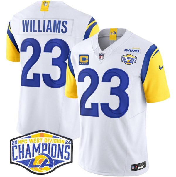 Men's Los Angeles Rams #23 Kyren Williams White 2024 NFC West Champions With 4-Star C Patch F.U.S.E. Vapor Untouchable Stitched Football Jersey - Custom Name