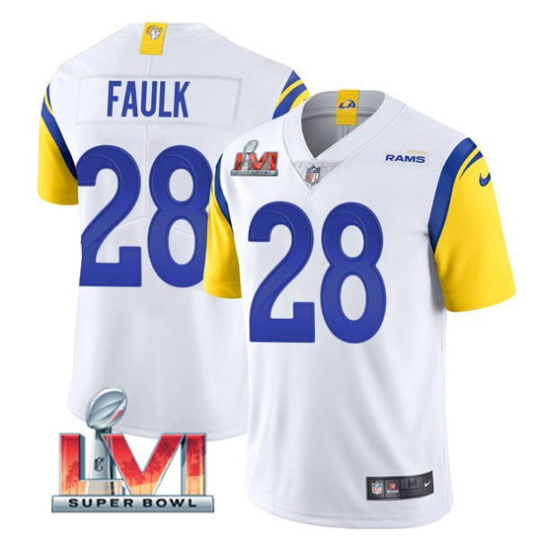 Men's Los Angeles Rams #28 Marshall Faulk 2022 White Super Bowl LVI Vapor Limited Stitched Jerse - Custom Name