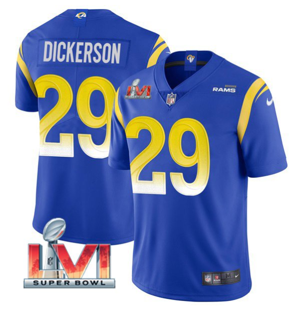 Men's Los Angeles Rams #29 Eric Dickerson 2022 Royal Super Bowl LVI Vapor Limited Stitched Jersey - Custom Name
