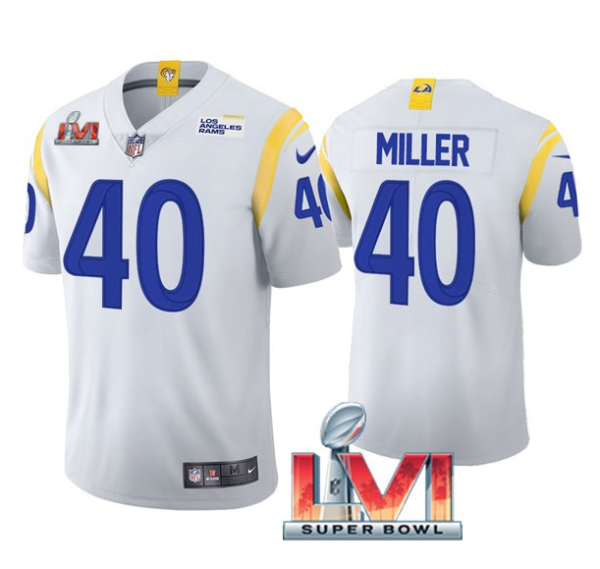 Men's Los Angeles Rams #40 Von Miller 2022 White Super Bowl LVI Vapor Limited Stitched Jersey - Custom Name