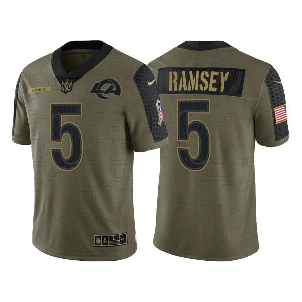 Men's Los Angeles Rams #5 Jalen Ramsey 2021 Olive Salute To Service Limited Stitched Jersey - Custom Name