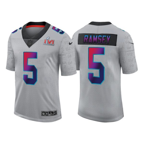 Men's Los Angeles Rams #5 Jalen Ramsey 2022 Grey Super Bowl LVI Limited Stitched Jersey - Custom Name