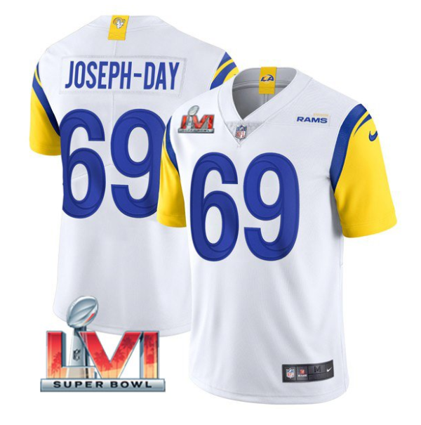 Men's Los Angeles Rams #69 Sebastian Joseph-Day 2022 White Super Bowl LVI Vapor Limited Stitched Jersey - Custom Name