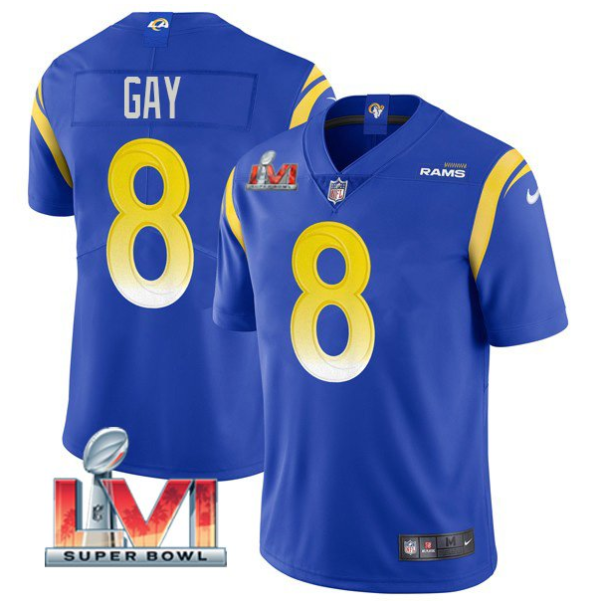 Men's Los Angeles Rams #8 Matt Gay 2022 Royal Super Bowl LVI Vapor Limited Stitched Jersey - Custom Name