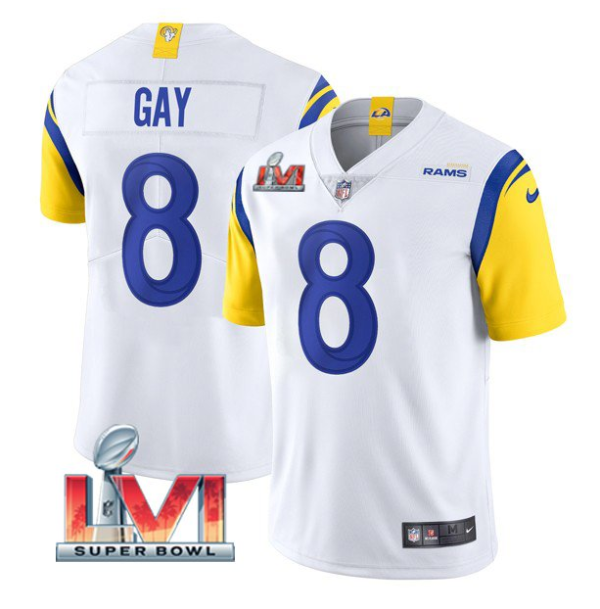 Men's Los Angeles Rams #8 Matt Gay 2022 White Super Bowl LVI Vapor Limited Stitched Jersey - Custom Name