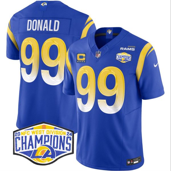 Men's Los Angeles Rams #99 Aaron Donald Blue 2024 NFC West Champions With 4-Star C Patch F.U.S.E. Vapor Untouchable Stitched Football Jersey - Custom Name