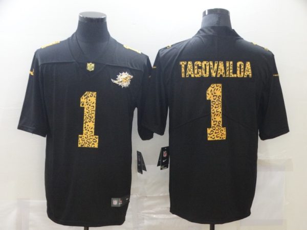 Men's Miami Dolphins #1 Tua Tagovailoa 2020 Black Leopard Print Fashion Limited Stitched Jersey - Custom Name