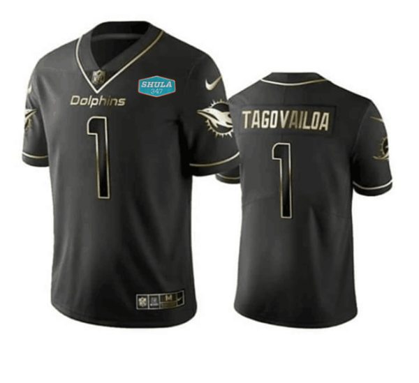 Men's Miami Dolphins #1 Tua Tagovailoa 2020 Black With 347 Shula Patch Gold Limited Stitched NFL Jersey - Custom Name