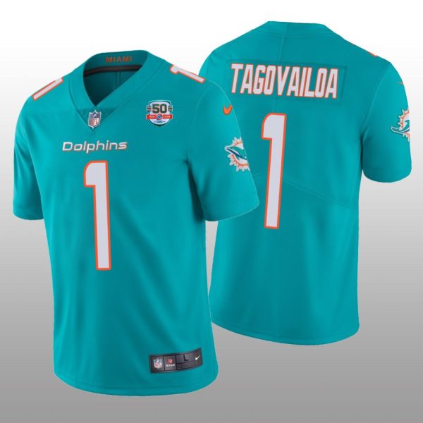 Men's Miami Dolphins #1 Tua Tagovailoa 2022 Aqua With 50th Perfect Season Patch Limited Stitched Jersey - Custom Name
