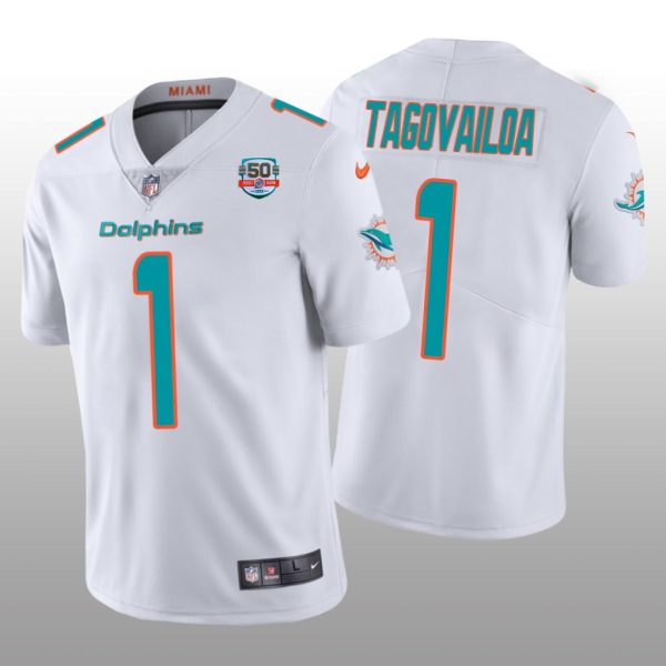 Men's Miami Dolphins #1 Tua Tagovailoa 2022 White With 50th Perfect Season Patch Limited Stitched Jersey - Custom Name