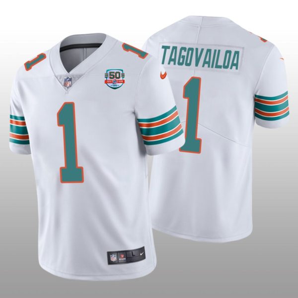 Men's Miami Dolphins #1 Tua Tagovailoa 2022 White With With 50th Perfect Season Patch Limited Stitched Jersey - Custom Name