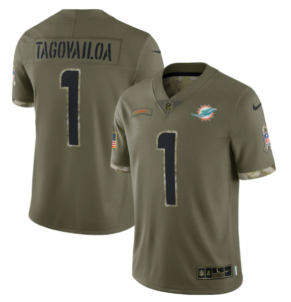 Men's Miami Dolphins #1 Tua Tagovailoa Olive 2022 Salute To Service Limited Stitched Jersey - Custom Name
