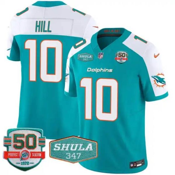 Men's Miami Dolphins #10 Tyreek Hill Aqua F.U.S.E With 347 Shula Patch And 50th Perfect Season Patch Vapor Limited Stitched Football Jersey  - Custom Name