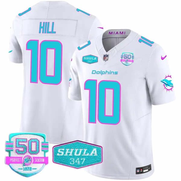 Men's Miami Dolphins #10 Tyreek Hill White F.U.S.E With 347 Shula Patch And 50th Perfect Season Patch Vapor Limited Stitched Football Jersey - Custom Name