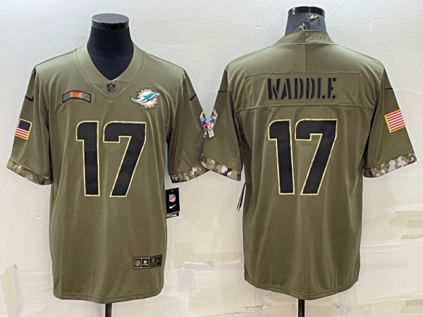 Men's Miami Dolphins #17 Jaylen Waddle 2022 Olive Salute To Service Limited Stitched Baseball Jersey  - Custom Name