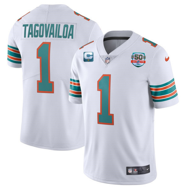 Men's Miami Dolphins Customized White With 1-Star C Patch 50th Perfect Season Patch Stitched Jersey  - Custom Name