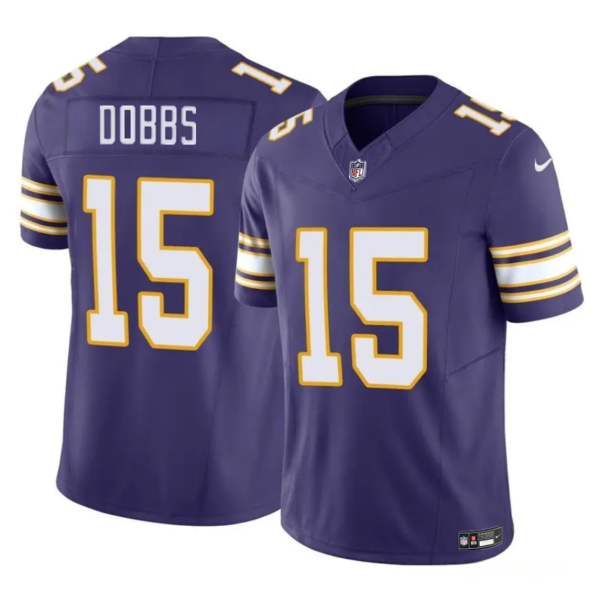 Men's Minnesota Vikings #15 Josh Dobbs Purple 2023 F.U.S.E. Throwback Limited Stitched Jersey  - Custom Name