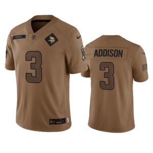 Men's Minnesota Vikings #3 Jordan Addison 2023 Brown Salute To Service Limited Stitched Jersey  - Custom Name