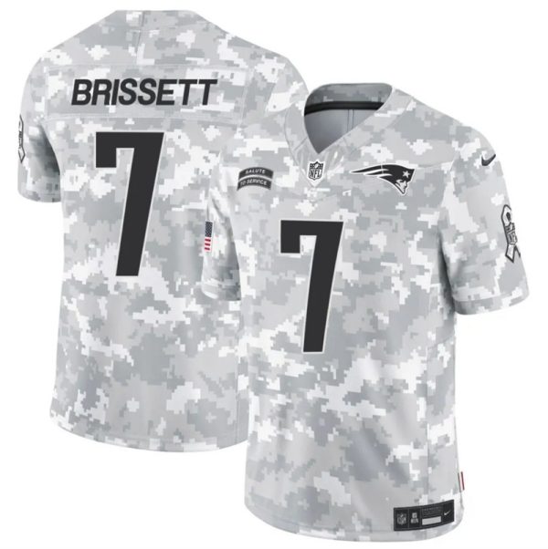 Men's New England Patriots #7 Jacoby Brissett 2024 F.U.S.E Arctic Camo Salute to Service Limited Stitched Jersey - Custom Name