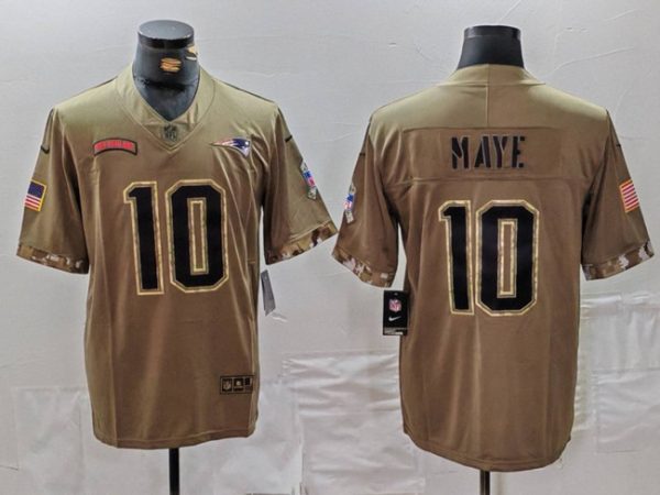 Men's New England Patriots #10 Drake Maye Olive 2022 Salute To Service Limited Stitched Jersey - Custom Name