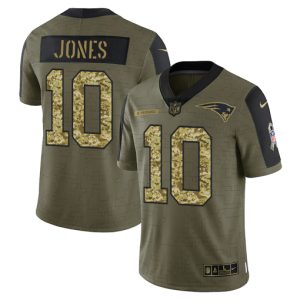 Men's New England Patriots #10 Mac Jones 2021 Olive Camo Salute To Service Limited Stitched Jersey - Custom Name