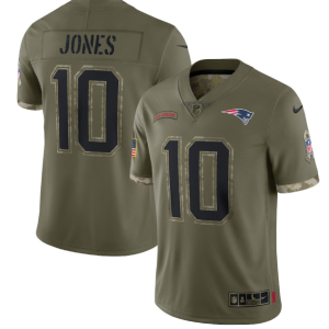 Men's New England Patriots #10 Mac Jones Olive 2022 Salute To Service Limited Stitched Jersey - Custom Name