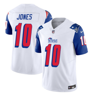 Men's New England Patriots #10 Mac Jones White Blue 2023 F.U.S.E. Throwback Limited Stitched Football Jersey - Custom Name