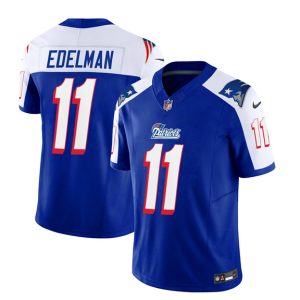 Men's New England Patriots #11 Julian Edelman Blue White 2023 F.U.S.E. Vapor Limited Stitched Football Jersey - Custom Name
