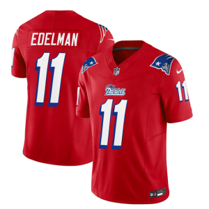 Men's New England Patriots #11 Julian Edelman Red 2023 F.U.S.E. Throwback Limited Stitched Football Jersey - Custom Name