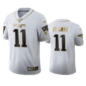 Men's New England Patriots #11 Julian Edelman White 100th Season Golden Edition Stitched Jersey - Custom Name