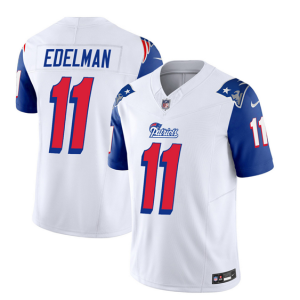 Men's New England Patriots #11 Julian Edelman White Blue 2023 F.U.S.E. Throwback Limited Stitched Football Jersey - Custom Name