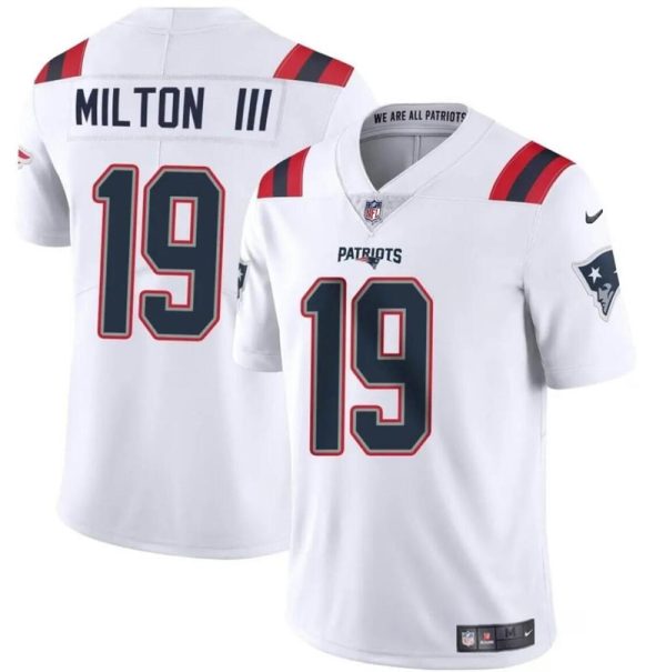 Men's New England Patriots #19 Joe Milton III White 2024 Vapor Limited Stitched Football Jersey - Custom Name